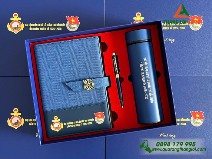 Set Quà Tặng (Sổ+ Bình+ Bút) Màu Xanh - In Khắc Logo Đại Hội Đoàn Lữ Đoàn 189 Hải Quân