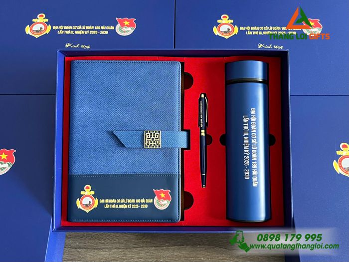 Set Quà Tặng (Sổ+ Bình+ Bút) Màu Xanh - In Khắc Logo Đại Hội Đoàn Lữ Đoàn 189 Hải Quân