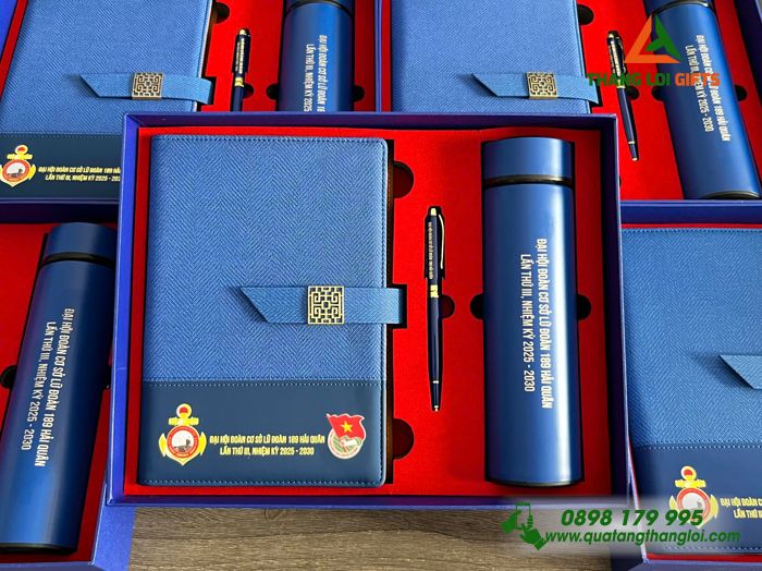 Set Quà Tặng (Sổ+ Bình+ Bút) Màu Xanh - In Khắc Logo Đại Hội Đoàn Lữ Đoàn 189 Hải Quân