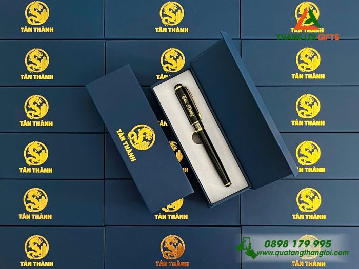 Hộp Giấy Đựng Bút Màu Xanh - Ép Kim Vàng Logo Doanh Nghiệp Tân Thành