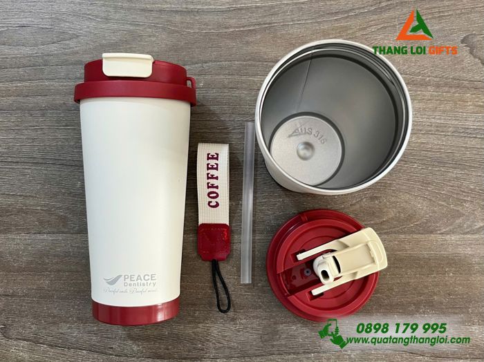 Ly Giữ Nhiệt 530ml Nắp Đỏ - Khắc Logo Hệ Thống Nha Khoa Peace Dentistry