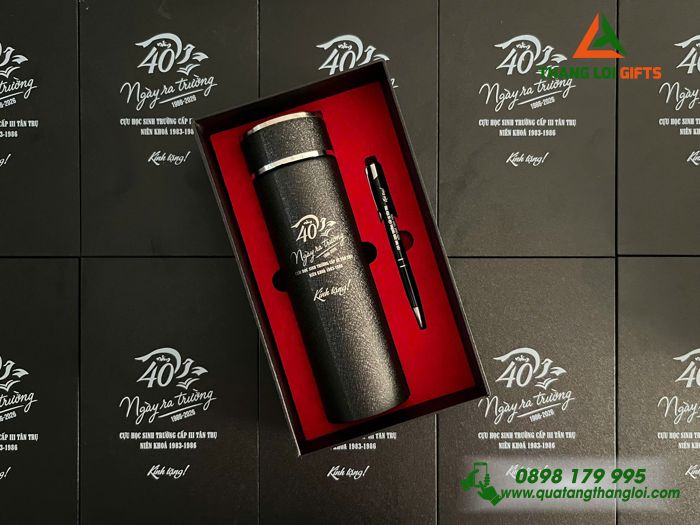 Combo Quà Tặng (Bình & Bút) Màu Đen - In Khắc Logo 40 Năm Ngày Ra Trường Trường Cấp III Tân Trụ