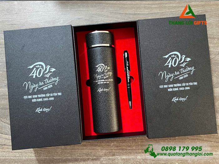 Combo Quà Tặng (Bình & Bút) Màu Đen - In Khắc Logo 40 Năm Ngày Ra Trường Trường Cấp III Tân Trụ