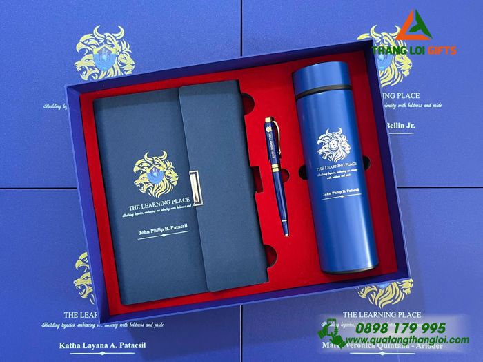Set Quà Tặng (Sổ+ Bình+ Bút) Màu Xanh - In Khắc Logo Trung Tâm Giáo Dục THE LEARNING PLACE