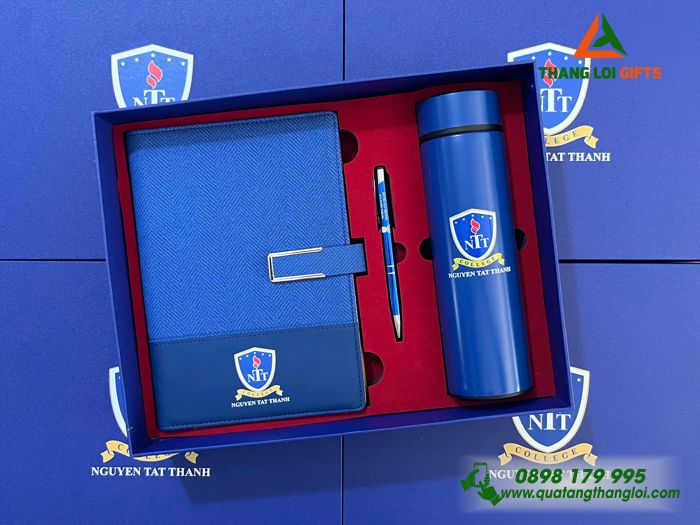 Set Quà Tặng (Sổ+ Bình+ Bút) Màu Xanh - In Khắc Logo Trường Trung Cấp Nguyễn Tất Thành