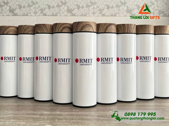 Bình Giữ Nhiệt Nắp Gỗ - In Logo Trường Đại Học RMIT