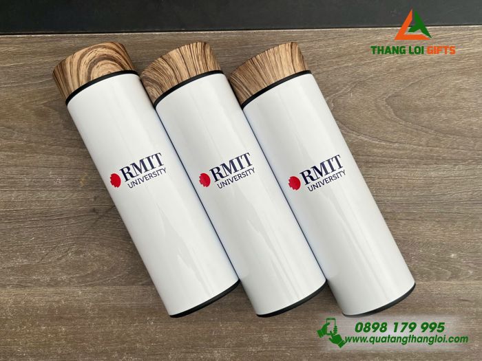 Bình Giữ Nhiệt Nắp Gỗ - In Logo Trường Đại Học RMIT