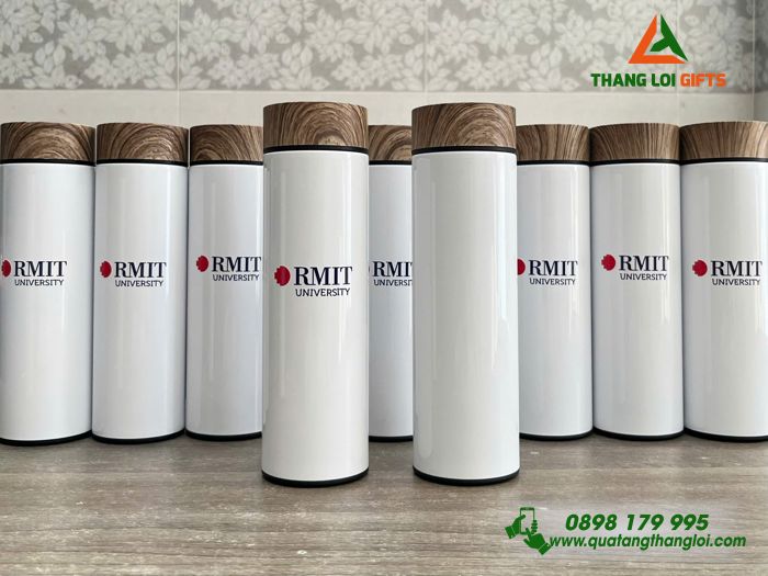 Bình Giữ Nhiệt Nắp Gỗ - In Logo Trường Đại Học RMIT