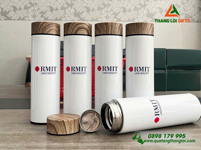 Bình Giữ Nhiệt Nắp Gỗ - In Logo Trường Đại Học RMIT
