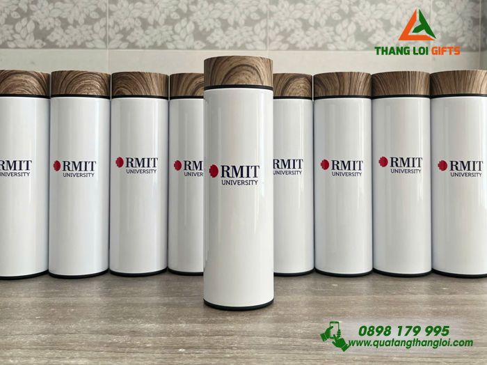 Bình Giữ Nhiệt Nắp Gỗ - In Logo Trường Đại Học RMIT