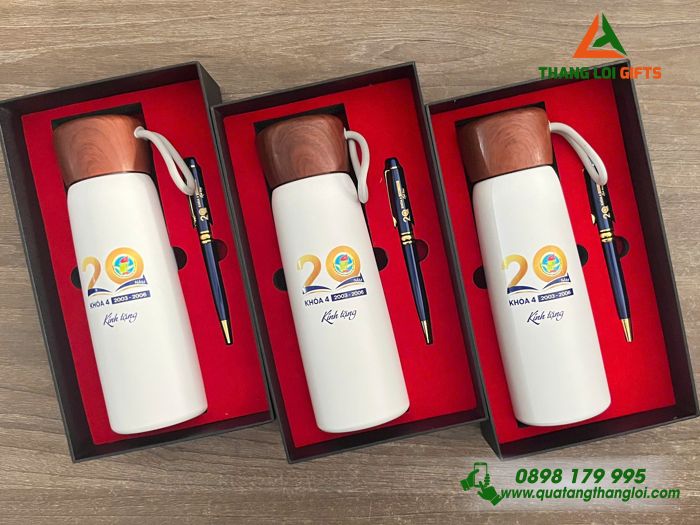 Combo Quà Tặng (Bình & Bút) In Khắc Logo Kỷ Niệm 20 Năm Trường THPT Hà Huy Tập