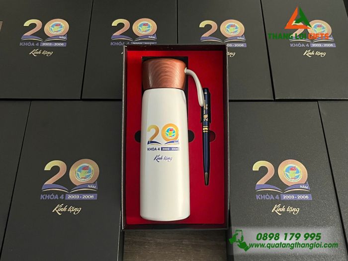 Combo Quà Tặng (Bình & Bút) In Khắc Logo Kỷ Niệm 20 Năm Trường THPT Hà Huy Tập