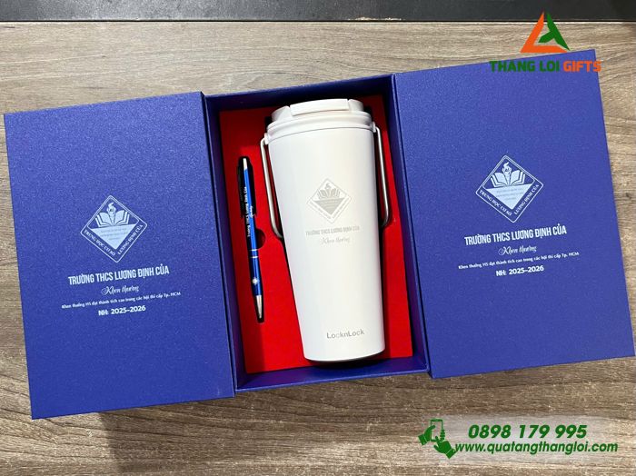 Bộ Quà Tặng (Ly Lock & Bút) - In Khắc Logo Trường THCS Lương Định Của