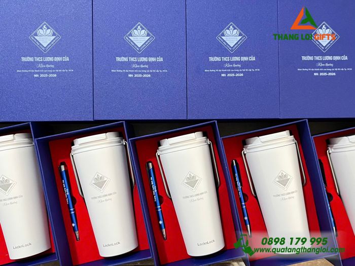 Bộ Quà Tặng (Ly Lock & Bút) - In Khắc Logo Trường THCS Lương Định Của
