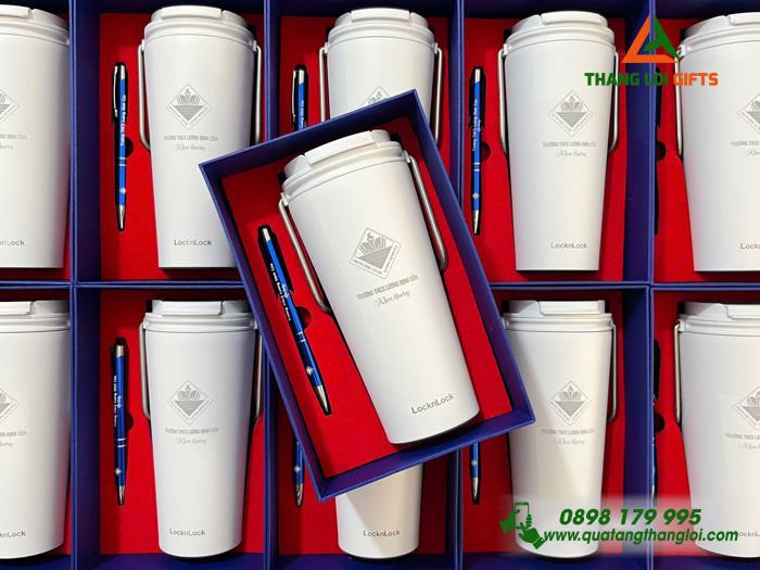 Bộ Quà Tặng (Ly Lock & Bút) - In Khắc Logo Trường THCS Lương Định Của