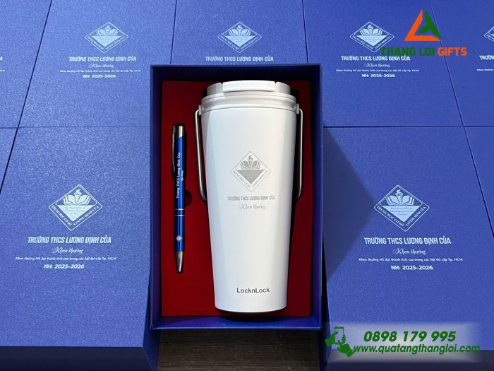 Bộ Quà Tặng (Ly Lock & Bút) - In Khắc Logo Trường THCS Lương Định Của