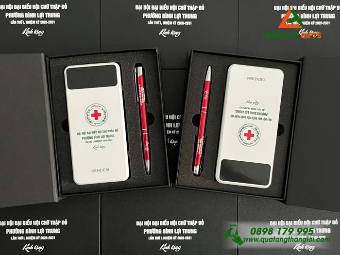 Combo Quà Tặng (Pin Sạc & Bút Bi) - In Khắc Logo Chữ Thập Đỏ Việt Nam