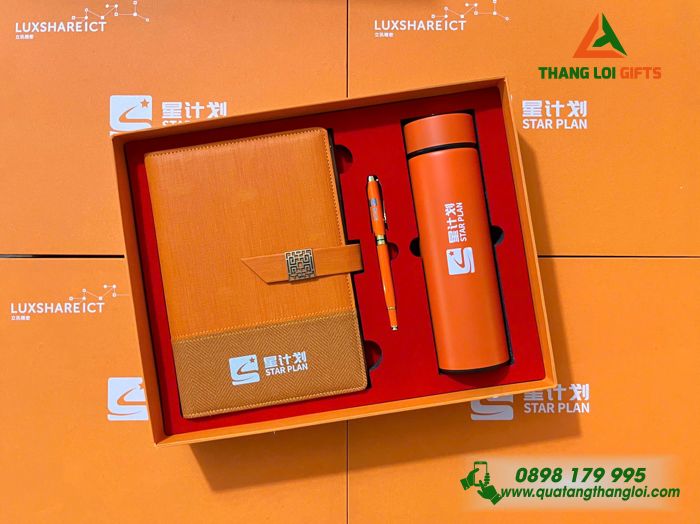 Bộ Quà Tặng (Sổ+ Bình+ Bút) Màu Cam In Khắc Logo Doanh Nghiệp Luxshare ICT