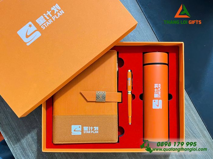 Bộ Quà Tặng (Sổ+ Bình+ Bút) Màu Cam In Khắc Logo Doanh Nghiệp Luxshare ICT