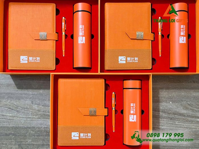 Bộ Quà Tặng (Sổ+ Bình+ Bút) Màu Cam In Khắc Logo Doanh Nghiệp Luxshare ICT