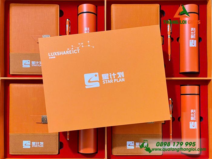 Bộ Quà Tặng (Sổ+ Bình+ Bút) Màu Cam In Khắc Logo Doanh Nghiệp Luxshare ICT