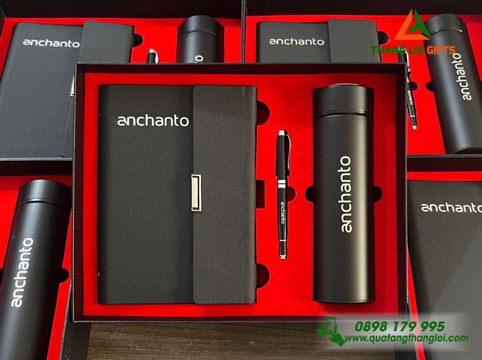 Set Quà Tặng Màu Đen (Sổ+ Bình+ Bút) In Khắc Logo Doanh Nghiệp ANCHANTO