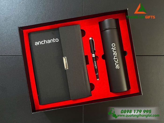 Set Quà Tặng Màu Đen (Sổ+ Bình+ Bút) In Khắc Logo Doanh Nghiệp ANCHANTO