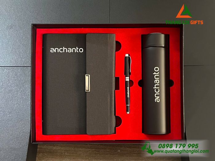 Set Quà Tặng Màu Đen (Sổ+ Bình+ Bút) In Khắc Logo Doanh Nghiệp ANCHANTO