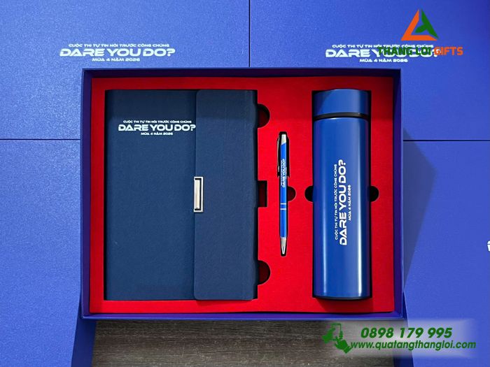 Set Quà Tặng (Sổ+ Bình+ Bút) Màu Xanh - In Khắc Tên Cuộc Thi DARE YOU DO Mùa 4 Năm 2026