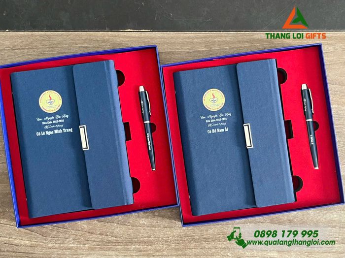 Combo Quà Tặng (Sổ & Bút) Màu Xanh - In Khắc Logo Trường THPT Võ Thị Sáu