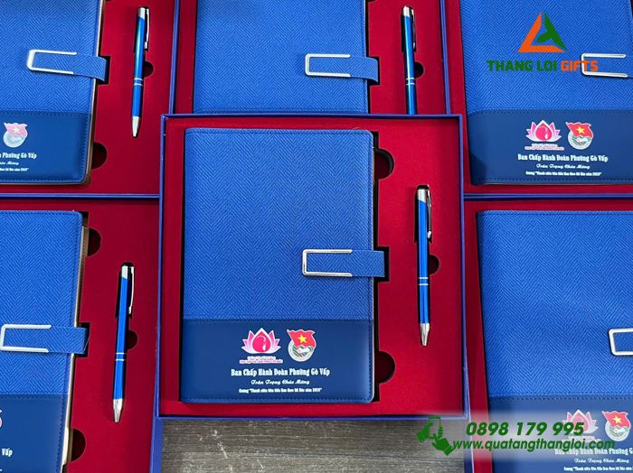 Combo Quà Tặng (Sổ & Bút) Màu Xanh - In Khắc Logo Đoàn Thanh Niên Cộng Sản