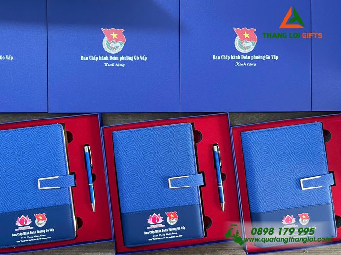 Combo Quà Tặng (Sổ & Bút) Màu Xanh - In Khắc Logo Đoàn Thanh Niên Cộng Sản