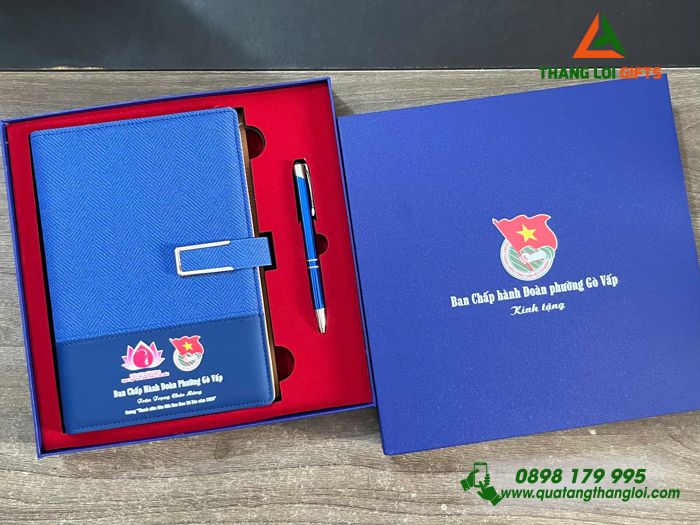 Combo Quà Tặng (Sổ & Bút) Màu Xanh - In Khắc Logo Đoàn Thanh Niên Cộng Sản
