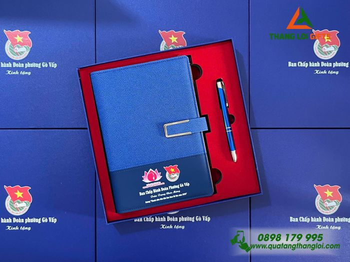 Combo Quà Tặng (Sổ & Bút) Màu Xanh - In Khắc Logo Đoàn Thanh Niên Cộng Sản