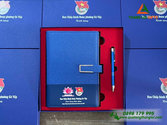 Combo Quà Tặng (Sổ & Bút) Màu Xanh - In Khắc Logo Đoàn Thanh Niên Cộng Sản