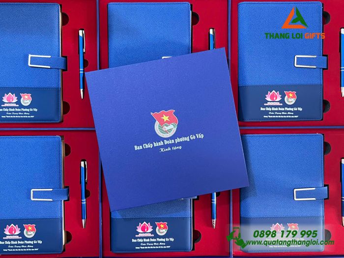 Combo Quà Tặng (Sổ & Bút) Màu Xanh - In Khắc Logo Đoàn Thanh Niên Cộng Sản