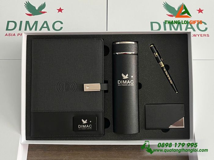 Giftset VIP (Sổ Đa Năng+ Bình+ Bút+ Namecard) Màu Đen In Khắc Logo Công Ty Luật DIMAC