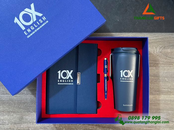 Giftset Bộ Quà Tặng Cao Cấp (Sổ+ Ly Lock+ Bút) Màu Xanh In Khắc Logo Trung Tâm Anh Ngữ 10X