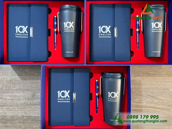 Giftset Bộ Quà Tặng Cao Cấp (Sổ+ Ly Lock+ Bút) Màu Xanh In Khắc Logo Trung Tâm Anh Ngữ 10X