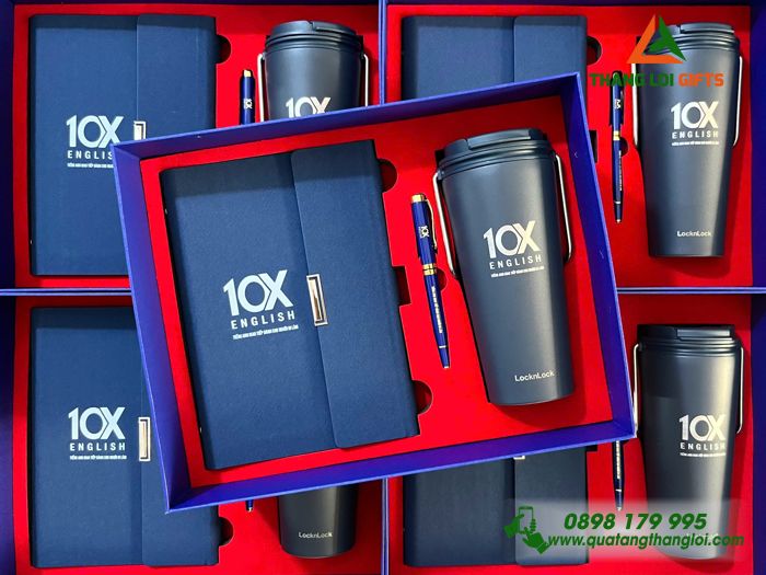 Giftset Bộ Quà Tặng Cao Cấp (Sổ+ Ly Lock+ Bút) Màu Xanh In Khắc Logo Trung Tâm Anh Ngữ 10X