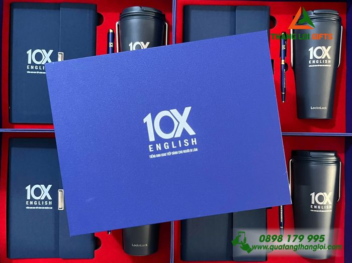 Giftset Bộ Quà Tặng Cao Cấp (Sổ+ Ly Lock+ Bút) Màu Xanh In Khắc Logo Trung Tâm Anh Ngữ 10X