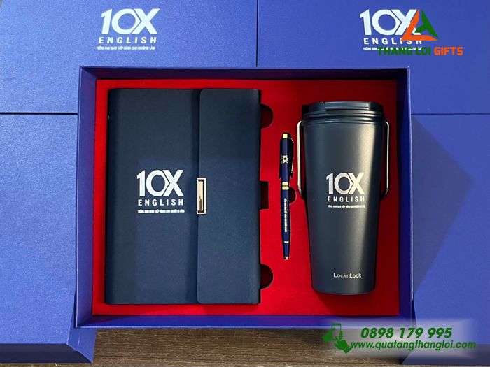 Giftset Bộ Quà Tặng Cao Cấp (Sổ+ Ly Lock+ Bút) Màu Xanh In Khắc Logo Trung Tâm Anh Ngữ 10X
