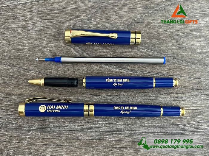 Bút Ký Kim Loại Nắp Màu Xanh Khoen Vàng - Khắc Logo Doanh Nghiệp Hải Minh