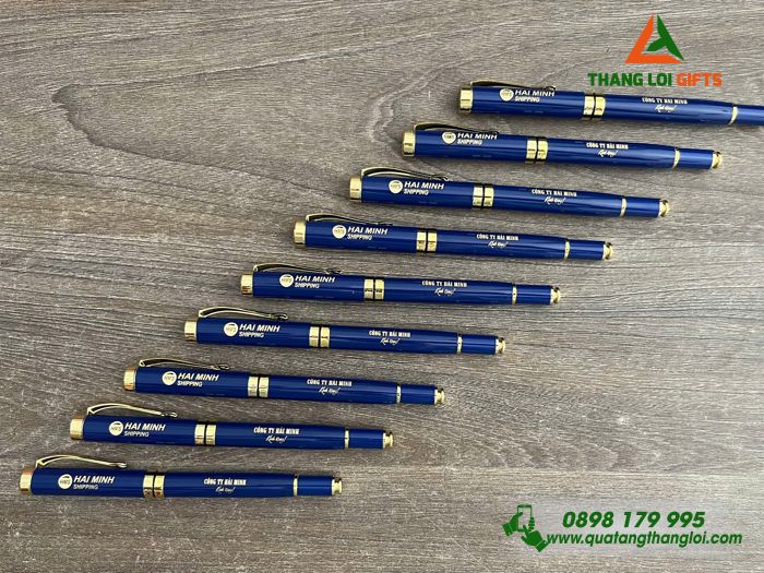 Bút Ký Kim Loại Nắp Màu Xanh Khoen Vàng - Khắc Logo Doanh Nghiệp Hải Minh