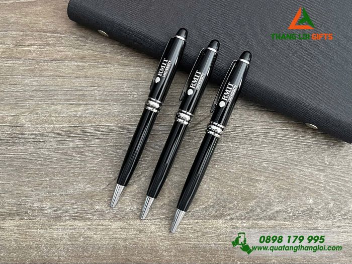 Bút Ký Kim Loại Xoay Màu Đen Khoen Bạc - Khắc Logo Trường Đại Học RMIT