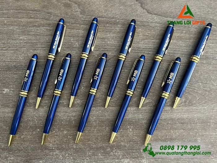 Bút Ký Xoay Cao Cấp Màu Xanh Khoen Vàng Khắc Logo Ngân Hàng MB