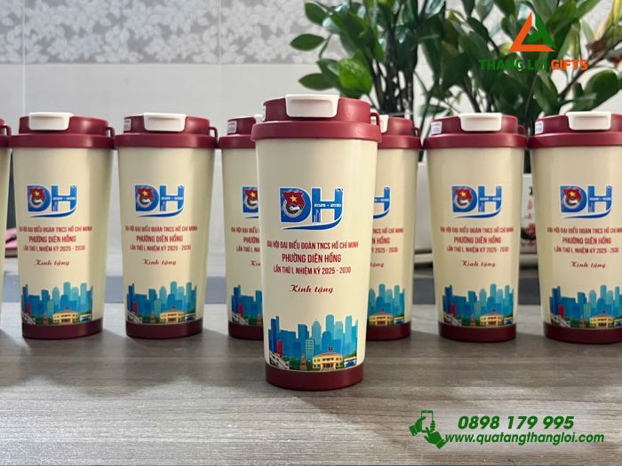 Ly Giữ Nhiệt 530ml Màu Xanh Khắc Logo Đại Hội Đại Biểu Đoàn TNCS HCM Phường Diên Hồng