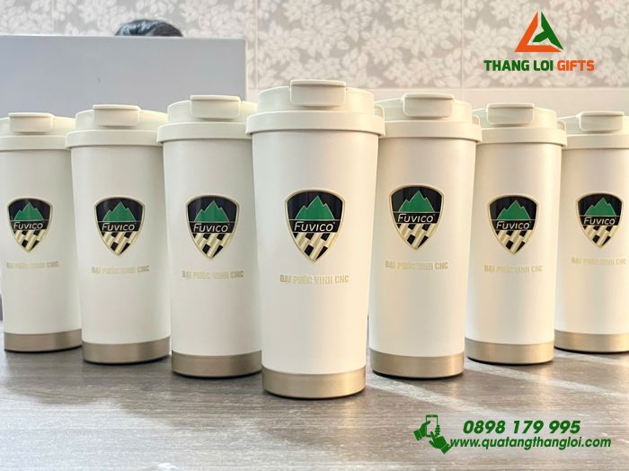 Ly Giữ Nhiệt 530ml Màu Trắng Kem In Logo Doanh Nghiệp Đại Phúc Vinh CNC