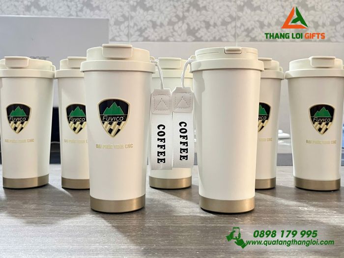 Ly Giữ Nhiệt 530ml Màu Trắng Kem In Logo Doanh Nghiệp Đại Phúc Vinh CNC