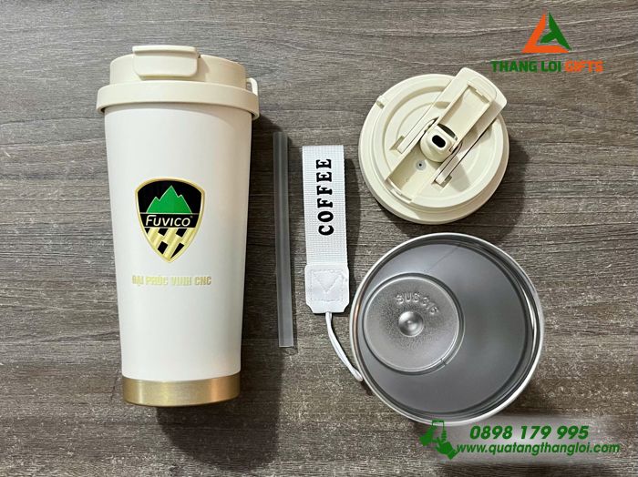 Ly Giữ Nhiệt 530ml Màu Trắng Kem In Logo Doanh Nghiệp Đại Phúc Vinh CNC